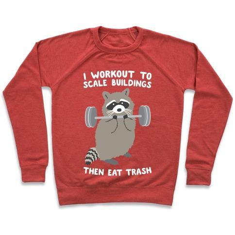 I WORKOUT TO SCALE BUILDINGS THEN EAT TRASH RACCOON CREWNECK SWEATSHIRT - DIVINE