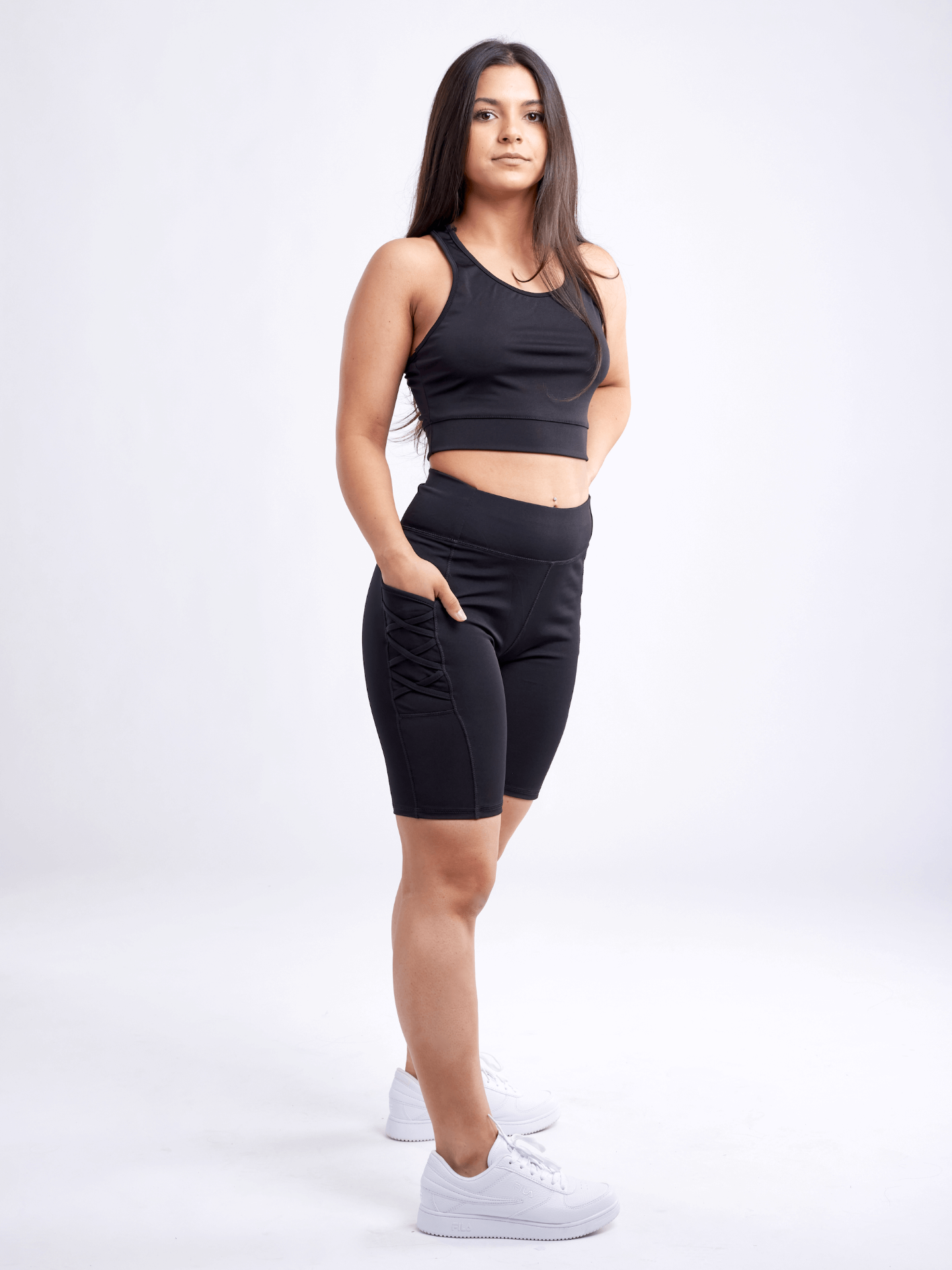 High-Waisted Workout Shorts with Pockets & Criss Cross Design - DIVINE