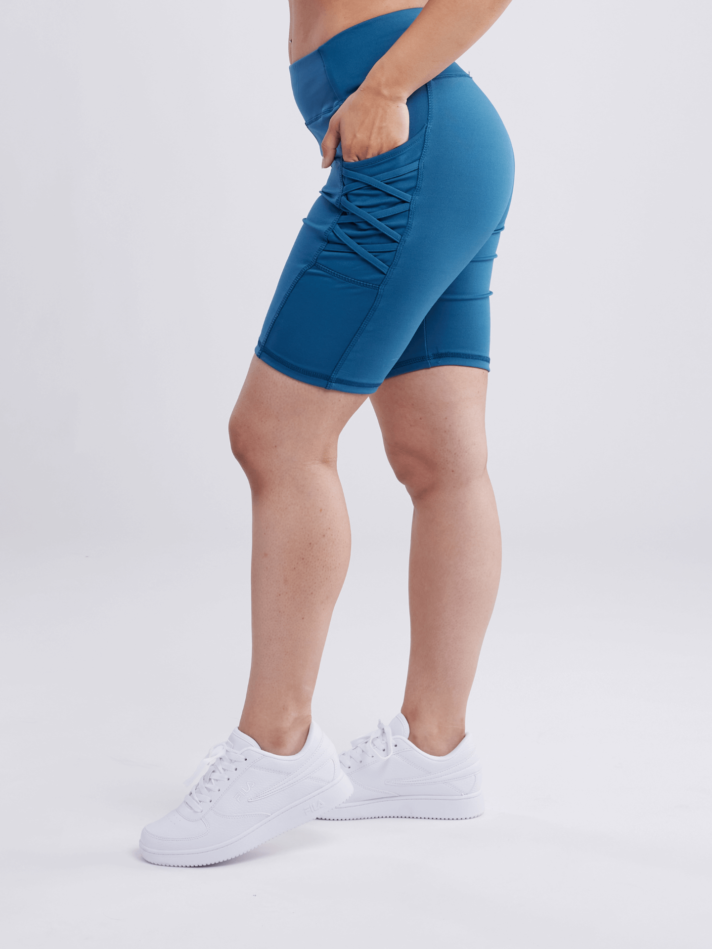 High-Waisted Workout Shorts with Pockets & Criss Cross Design - DIVINE