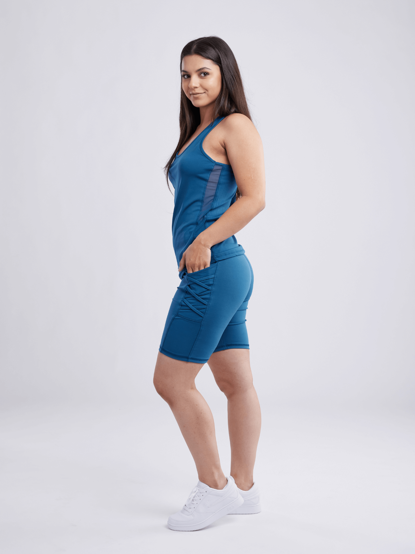 High-Waisted Workout Shorts with Pockets & Criss Cross Design - DIVINE